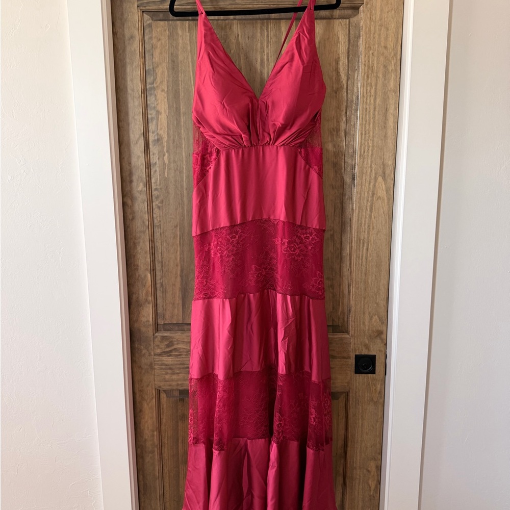 Women's Pink Maxi Dress with Lace Panels